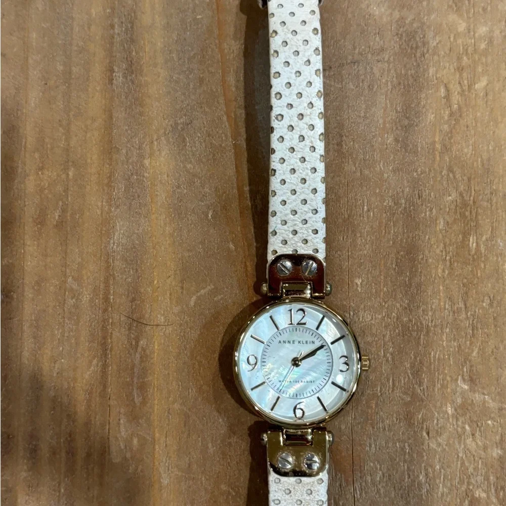 Anne Klein Watch Womens Gold Leather Band Polka Dot